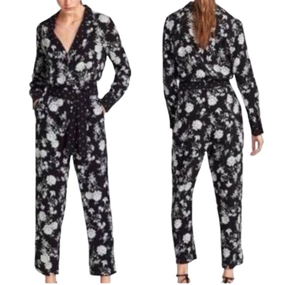 Zara Dark Floral Print Jumpsuit Size XS Long Sleeves V-Neck Going Out Outfit - Picture 1 of 15